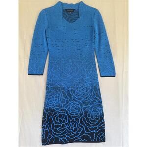 Ming Wang Blue Floral Knit Long Sleeves Dress Sz Xs